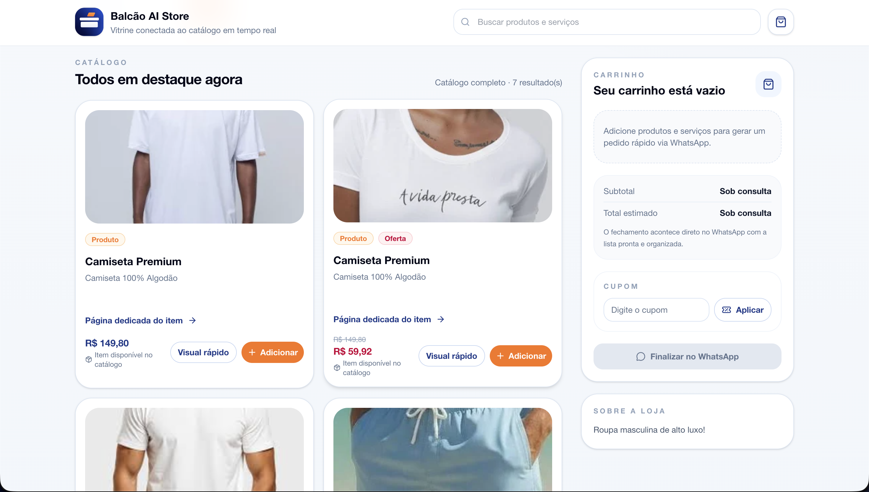 Módulo de Loja Virtual do Balcão.ai com catálogo e checkout da loja