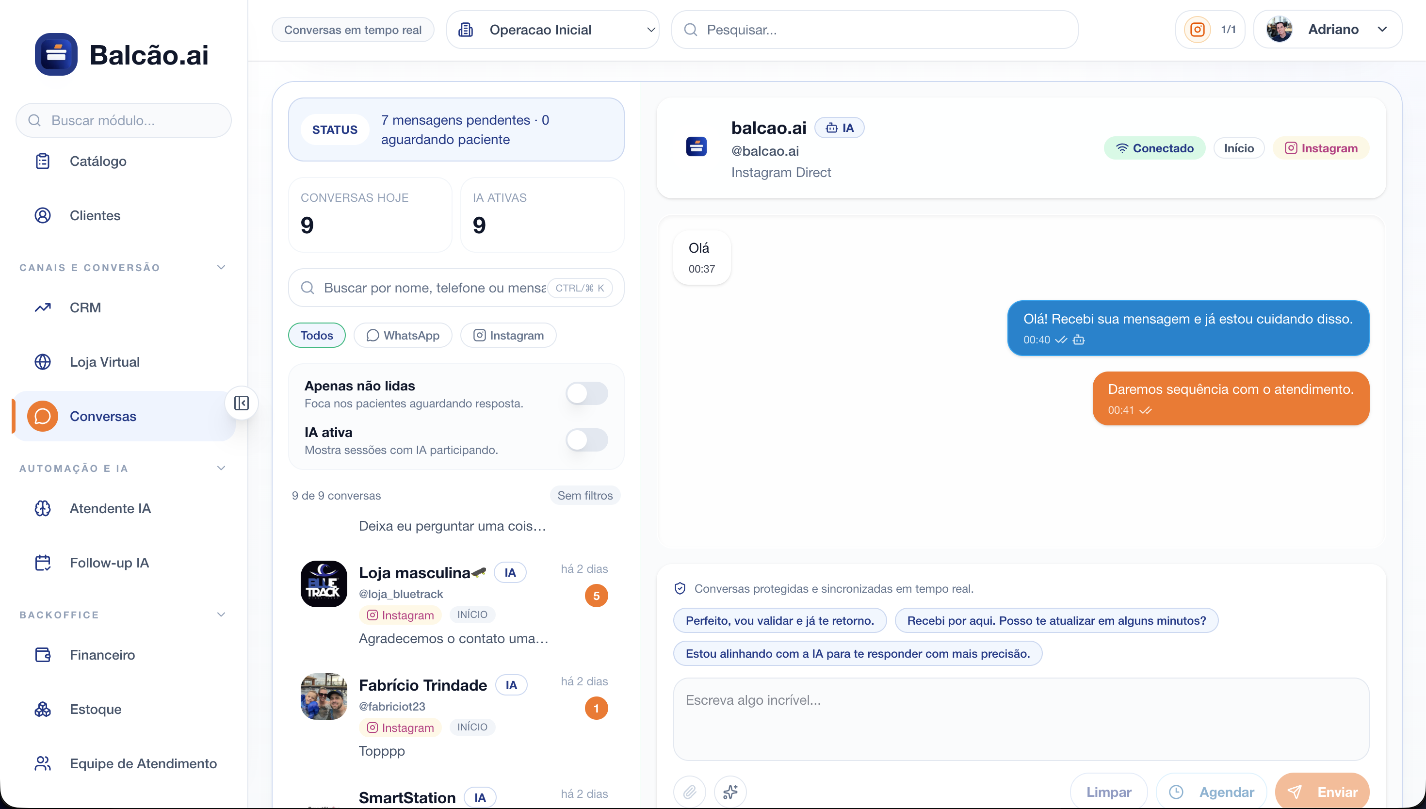 Módulo Conversas do Balcão.ai centralizando atendimento de WhatsApp e Instagram em uma única janela